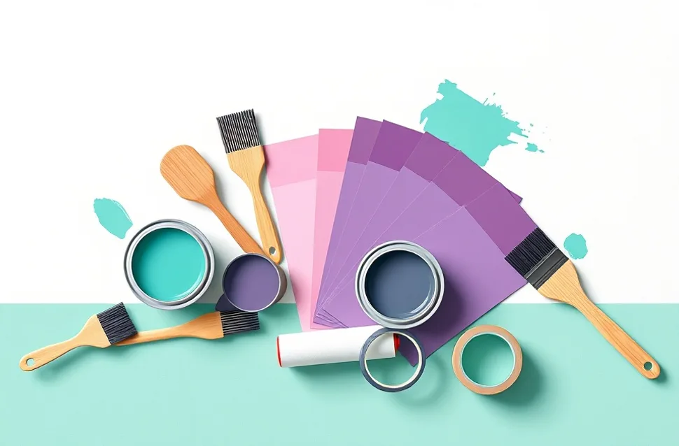 Pots de peinture, nuancier, brosses et rouleaux disposés à plat
