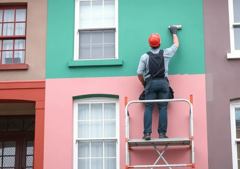 Peintre sur échafaudage traitant la façade d'une maison
