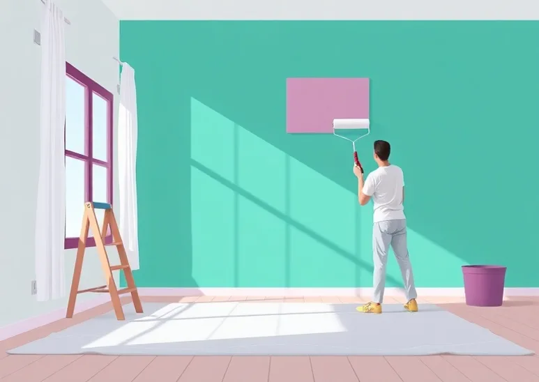 Peintre appliquant la peinture au rouleau sur un mur de salon